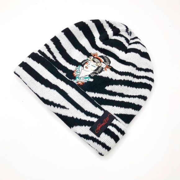 Ed Hardy Accessories - ED Hardy black and white graphic knit zebra striped hat